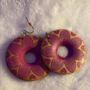 Pink and Gold Floral Dangle Earrings